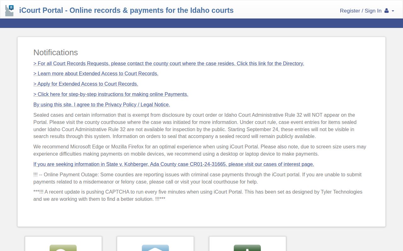 Idaho iCourt search path for Jerome County court records