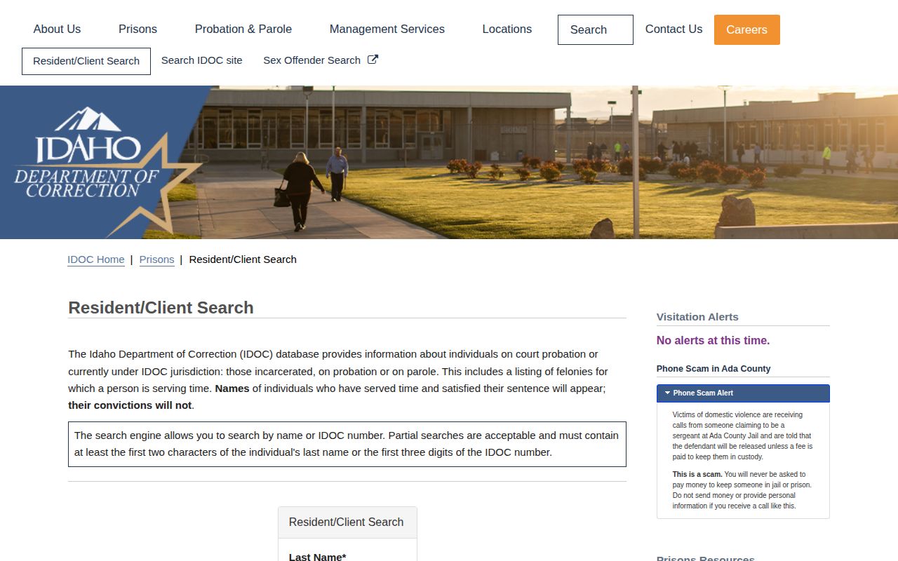 Idaho Department of Correction offender search for Jerome County state records